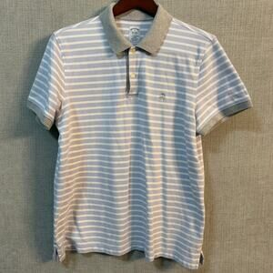 Brooks Brothers Logo Mens XL Slim Fit Polo Blue White Stripe Gray Cotton Spandex